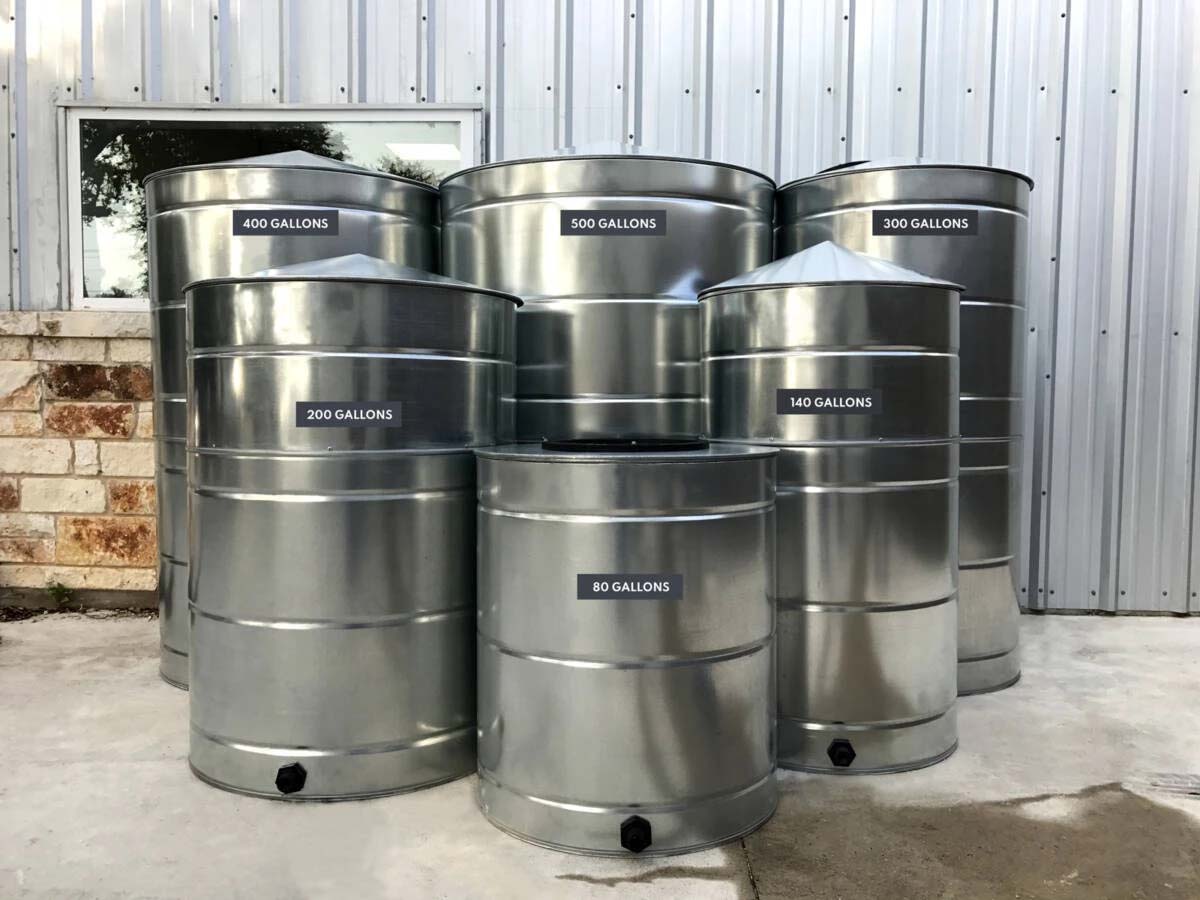 Multiple galvanized steel rainwater tanks